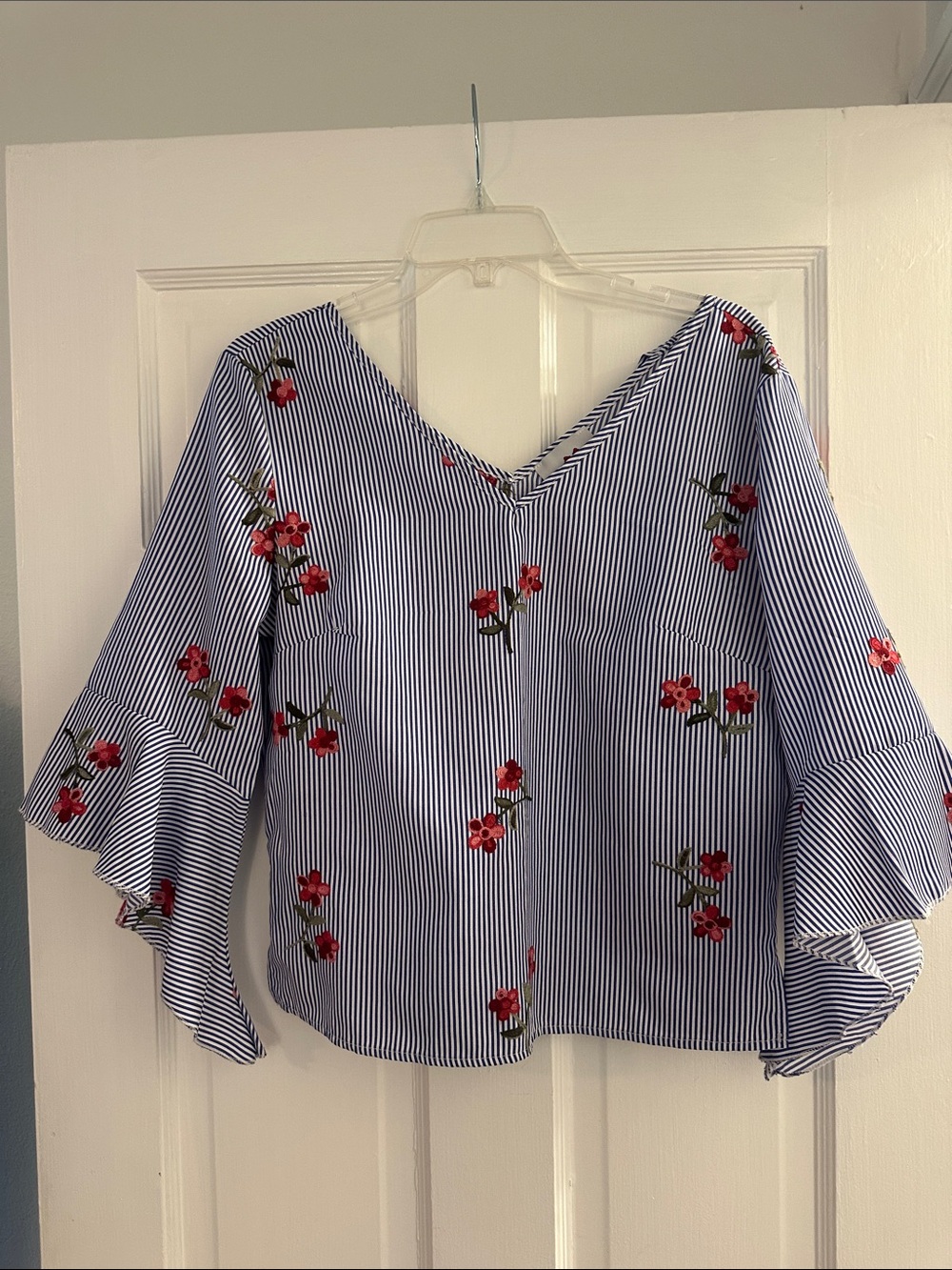 Striped Blue Floral V-Neck Women's Crop Blouse